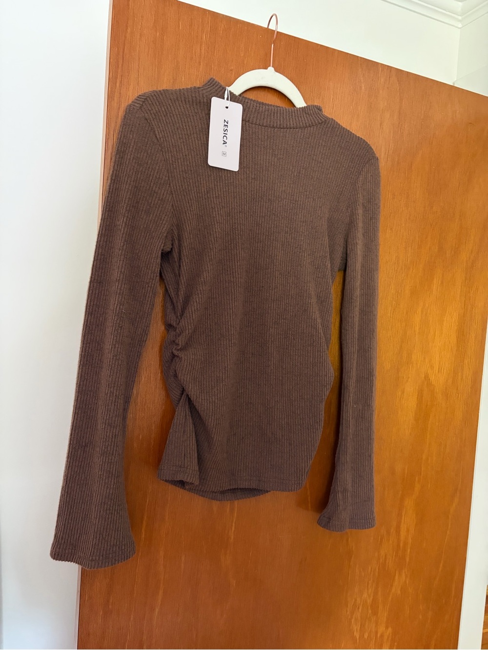 Zesica Brown Ribbed Long-Sleeve Mock Neck Top